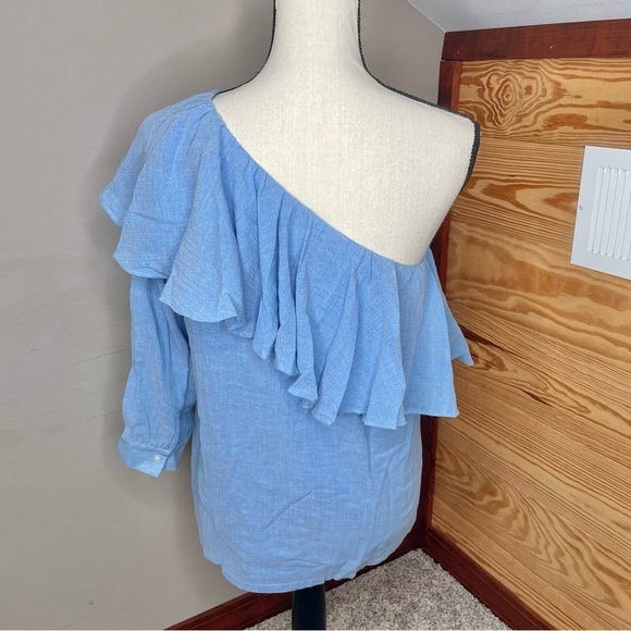 Ann Taylor Loft Blue Chambray Cotton One Shoulder Ruffle Top Blouse Small NWT - Picture 6 of 11